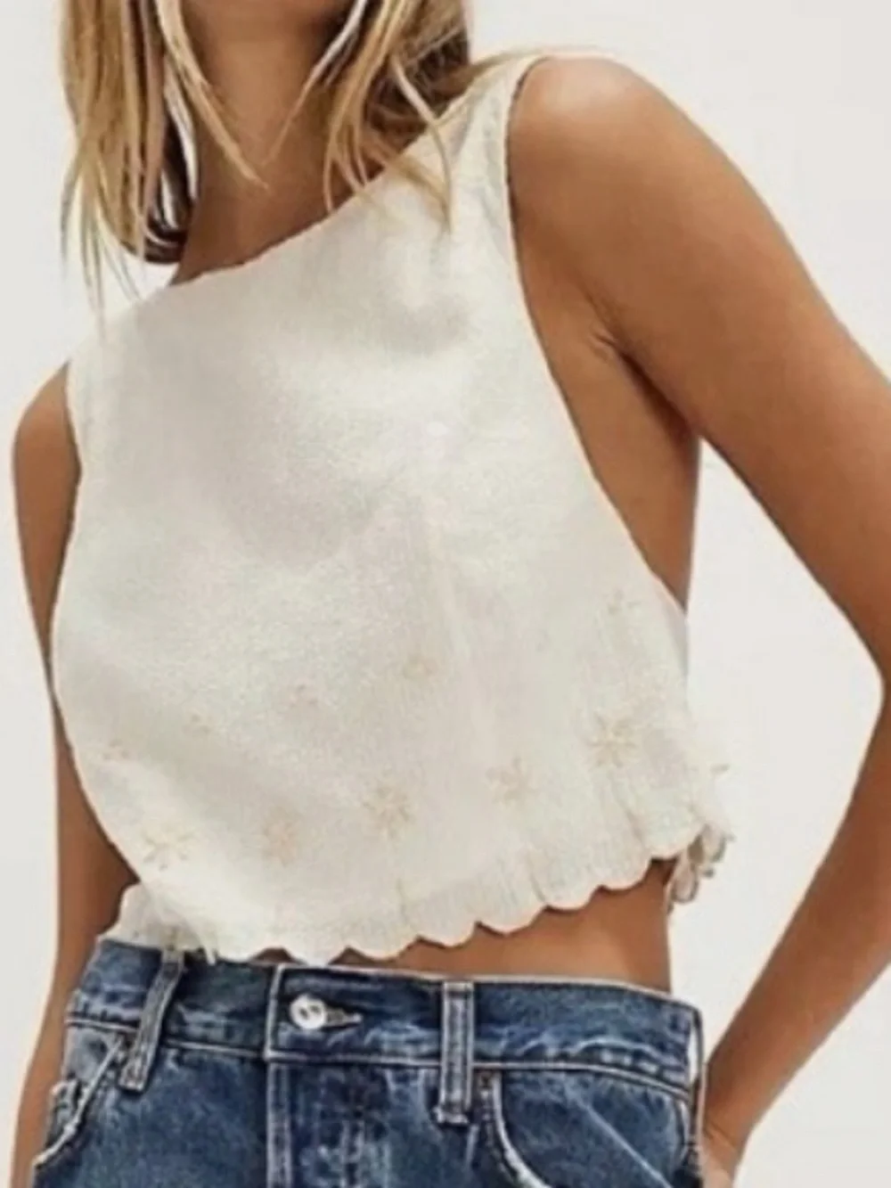 Free People Large Top Kayla Solid Embroidered Top Ivory Combo 100% Cotton Lined